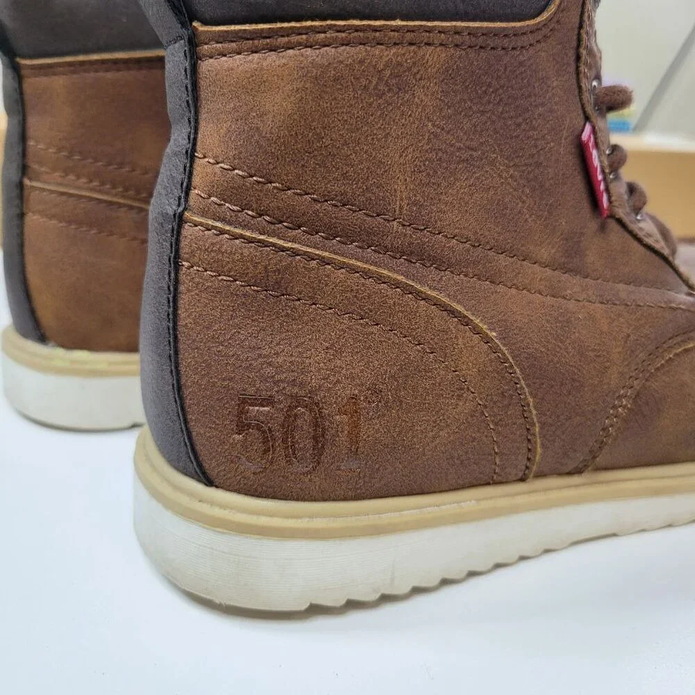 Levis Kids Brown Faux Leather High-Top Boots US 2 EUR 34 UK 1.5 With Synthetic U